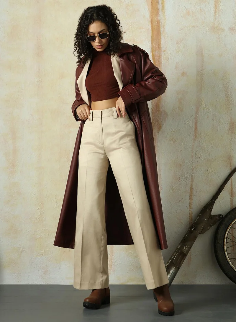 HIGH STAR Women's Doe Skin Cotton Blend Solid Full Length Chinos Wide Leg Trouser