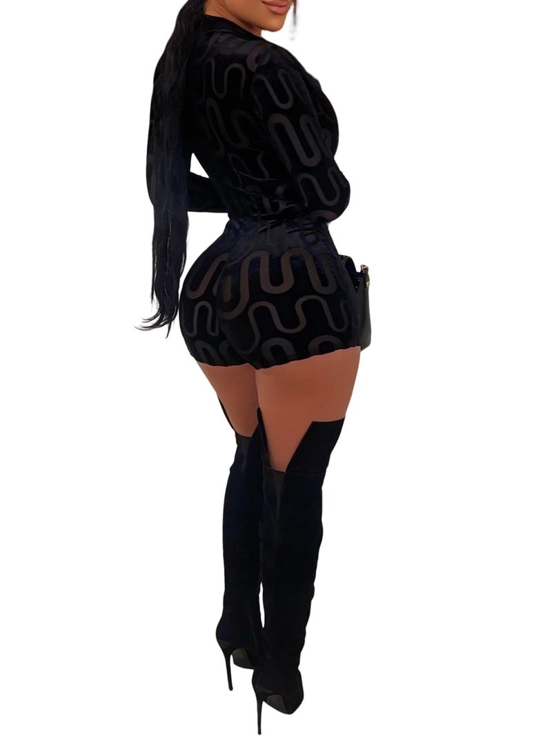 Uni Clau Women Sexy See Through Long Sleeve Short Jumpsuits Velvet Patchwork Skinny Short Pants Club Rompers Black XL - Image 2