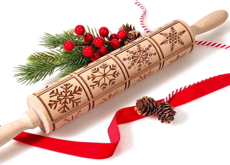 XINBADA 17" Premium Wooden Rolling Pins for Baking with Snowflake Embossed Designs | 3mm Deep Springerle Cookie Molds | Christmas Rolling Pin & Baking Gifts for Women | Includes 3-in-1 Cleaning Brush - Image 1