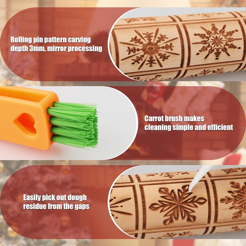 XINBADA 17" Premium Wooden Rolling Pins for Baking with Snowflake Embossed Designs | 3mm Deep Springerle Cookie Molds | Christmas Rolling Pin & Baking Gifts for Women | Includes 3-in-1 Cleaning Brush - Image 4