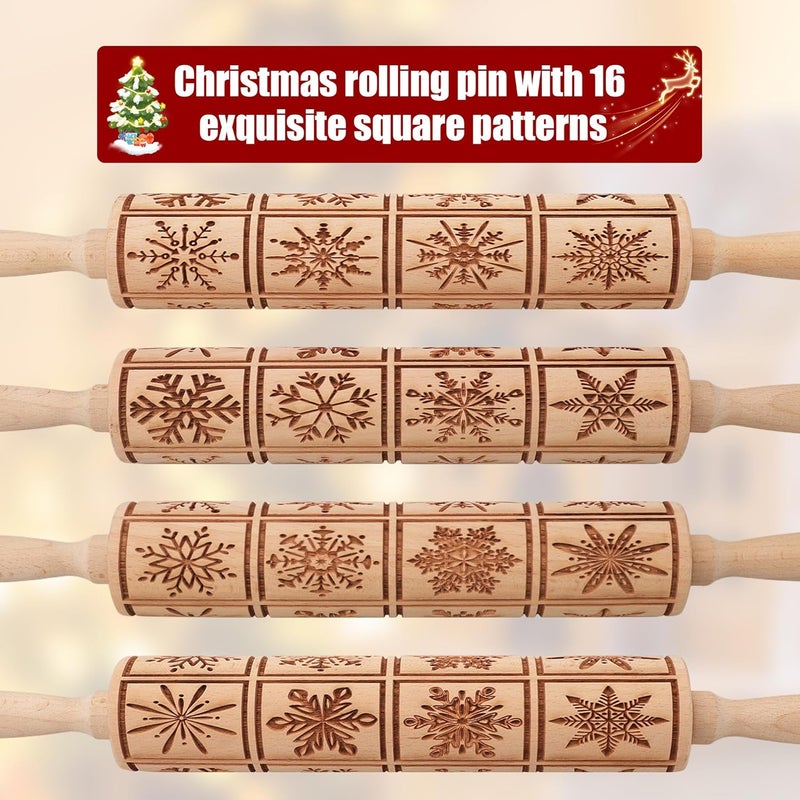 XINBADA 17" Premium Wooden Rolling Pins for Baking with Snowflake Embossed Designs | 3mm Deep Springerle Cookie Molds | Christmas Rolling Pin & Baking Gifts for Women | Includes 3-in-1 Cleaning Brush - Image 3