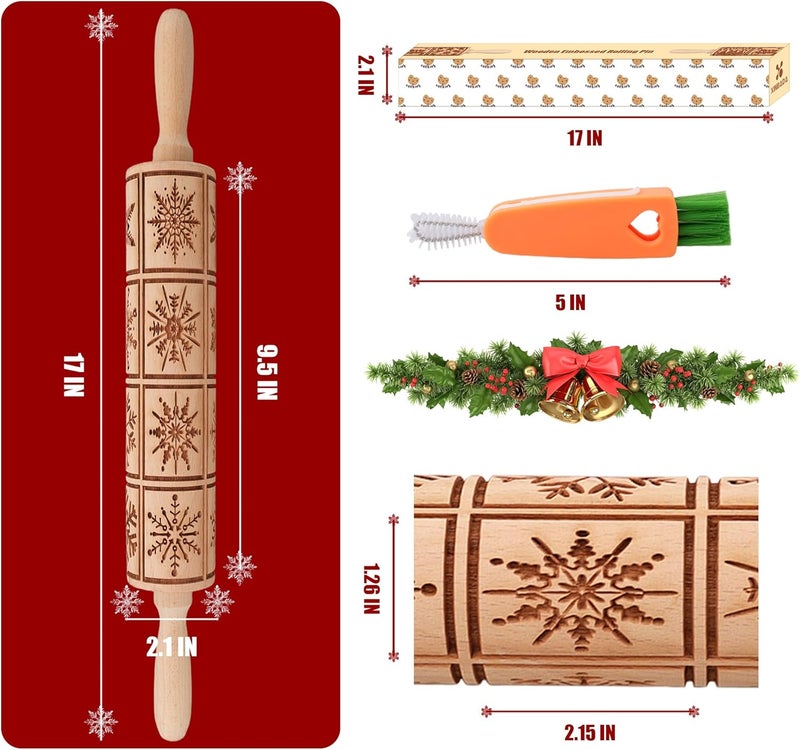 XINBADA 17" Premium Wooden Rolling Pins for Baking with Snowflake Embossed Designs | 3mm Deep Springerle Cookie Molds | Christmas Rolling Pin & Baking Gifts for Women | Includes 3-in-1 Cleaning Brush - Image 2