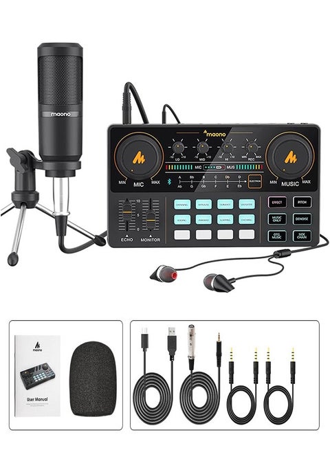 Audio Interface with DJ Mixer and Sound Card, MAONO Portable ALL-IN-ONE Podcast Production Studio with 3.5mm Microphone for Guitar, Live Youtube Streaming, PC, Recording Studio and Gaming