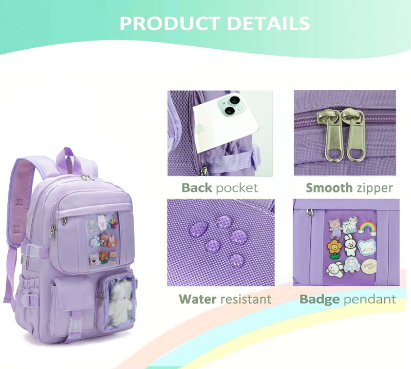 PRLINJSK Kawaii Backpack for Teen Girls, Cute Aesthetic High Middle School College Bookbag with Accessories,Light Purple - Image 5