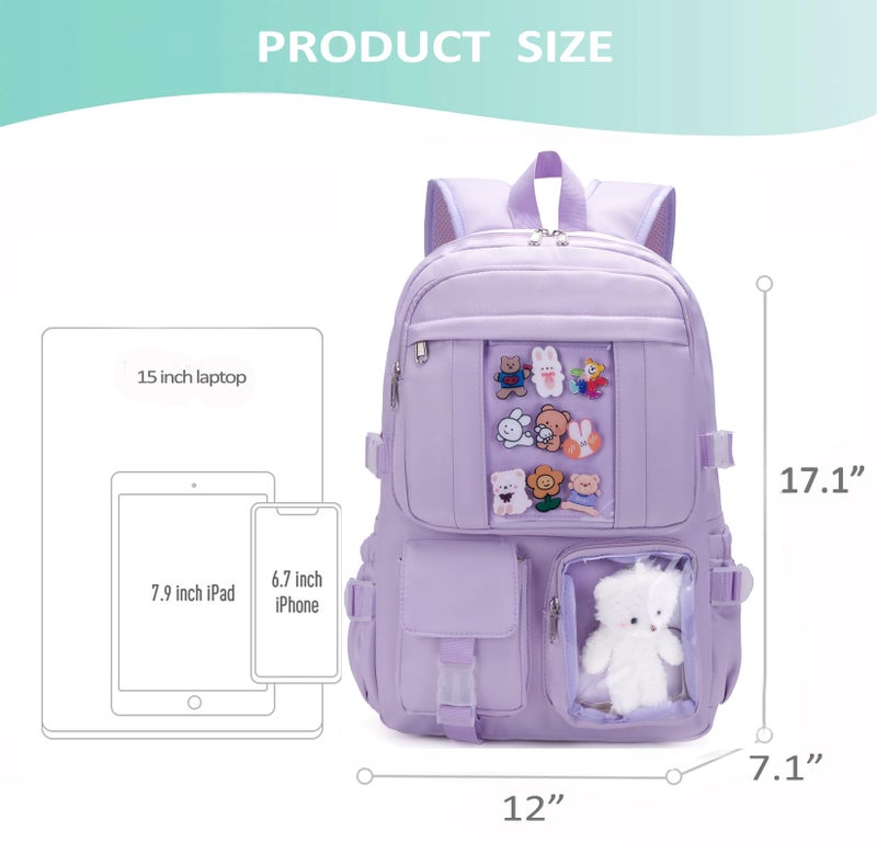 PRLINJSK Kawaii Backpack for Teen Girls, Cute Aesthetic High Middle School College Bookbag with Accessories,Light Purple - Image 3