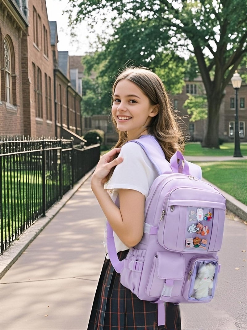 PRLINJSK Kawaii Backpack for Teen Girls, Cute Aesthetic High Middle School College Bookbag with Accessories,Light Purple - Image 2