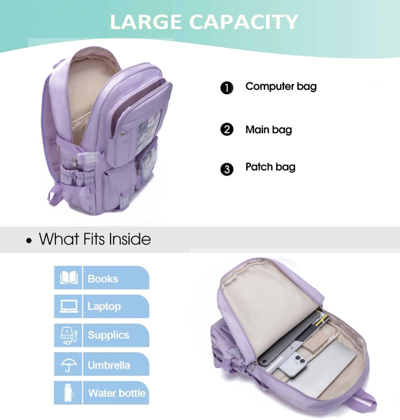 PRLINJSK Kawaii Backpack for Teen Girls, Cute Aesthetic High Middle School College Bookbag with Accessories,Light Purple - Image 4