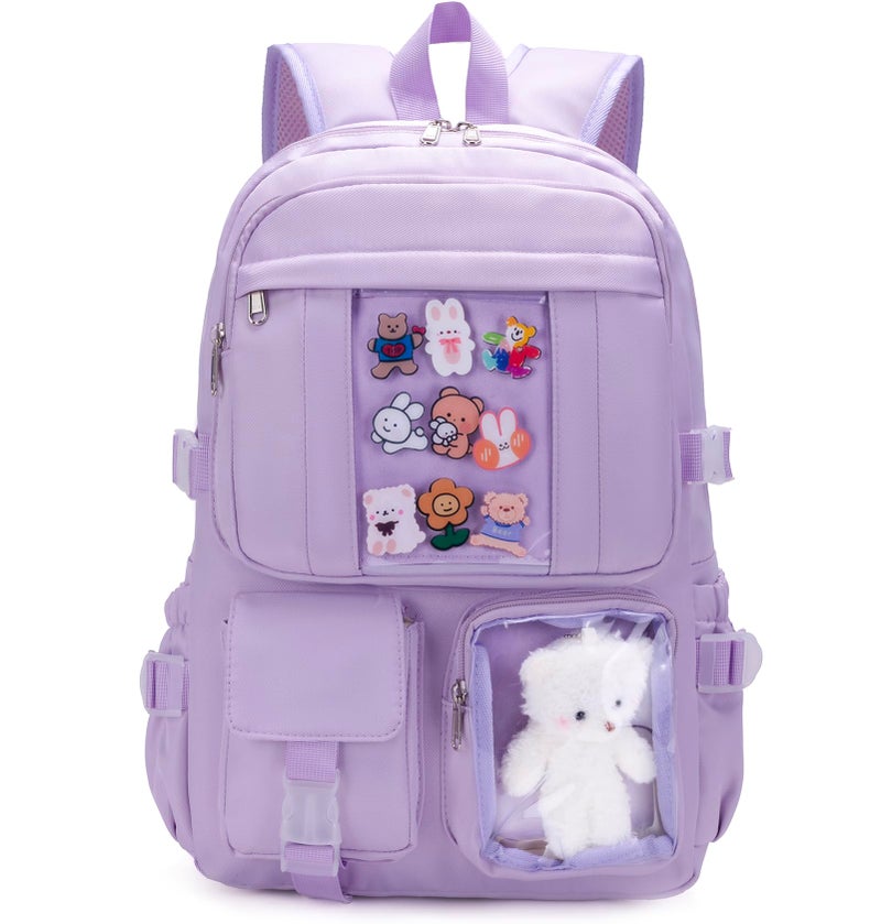 PRLINJSK Kawaii Backpack for Teen Girls, Cute Aesthetic High Middle School College Bookbag with Accessories,Light Purple - Image 1