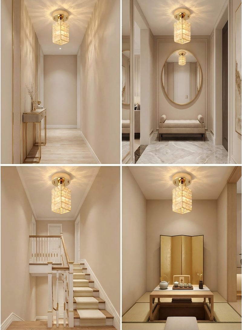 Luxury Crystal Flush Mount Ceiling Light, Gold Modern LED Ceiling Lamp for Living Room Bedroom Hallway, Elegant Cube - Shape Crystal Chandelier Lighting Fixture - Image 5