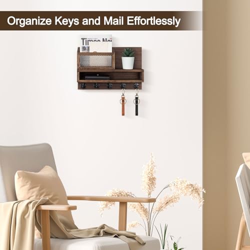 Lucundm Key Holder for Wall, Mail Organizer Wall Mount with Storage Compartment and 5 key Hooks for Coat, Dog Leash, Stylish Mesh Mail Holder, Home Decor Entry Way Organizer - Image 3