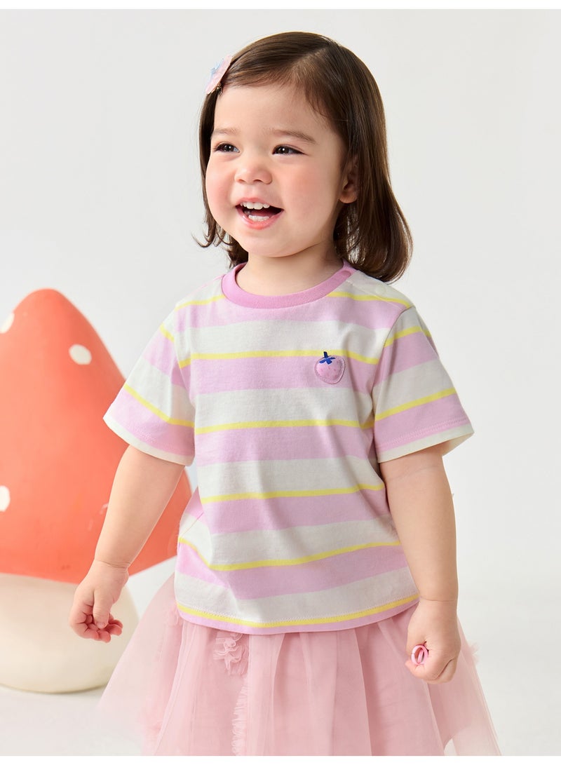 mini bala Unisex Kid Premium Soft Striped Short - Sleeve T - Shirt, Breathable, Comfortable, Charming Fruit Patch Detail, Sweet, Versatile for Daily Wear, Playdates Children's Casual Essential Top - Image 1