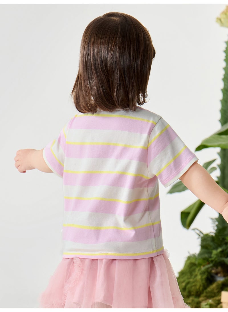 mini bala Unisex Kid Premium Soft Striped Short - Sleeve T - Shirt, Breathable, Comfortable, Charming Fruit Patch Detail, Sweet, Versatile for Daily Wear, Playdates Children's Casual Essential Top - Image 2