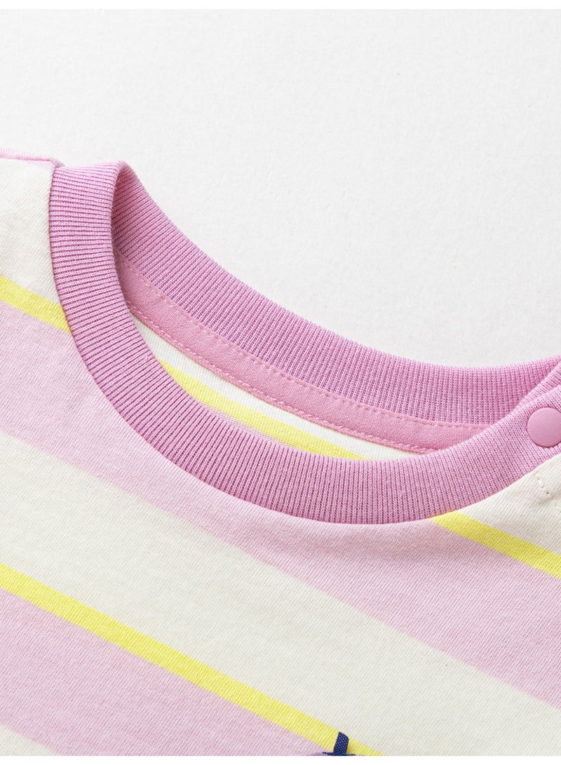 mini bala Unisex Kid Premium Soft Striped Short - Sleeve T - Shirt, Breathable, Comfortable, Charming Fruit Patch Detail, Sweet, Versatile for Daily Wear, Playdates Children's Casual Essential Top - Image 5