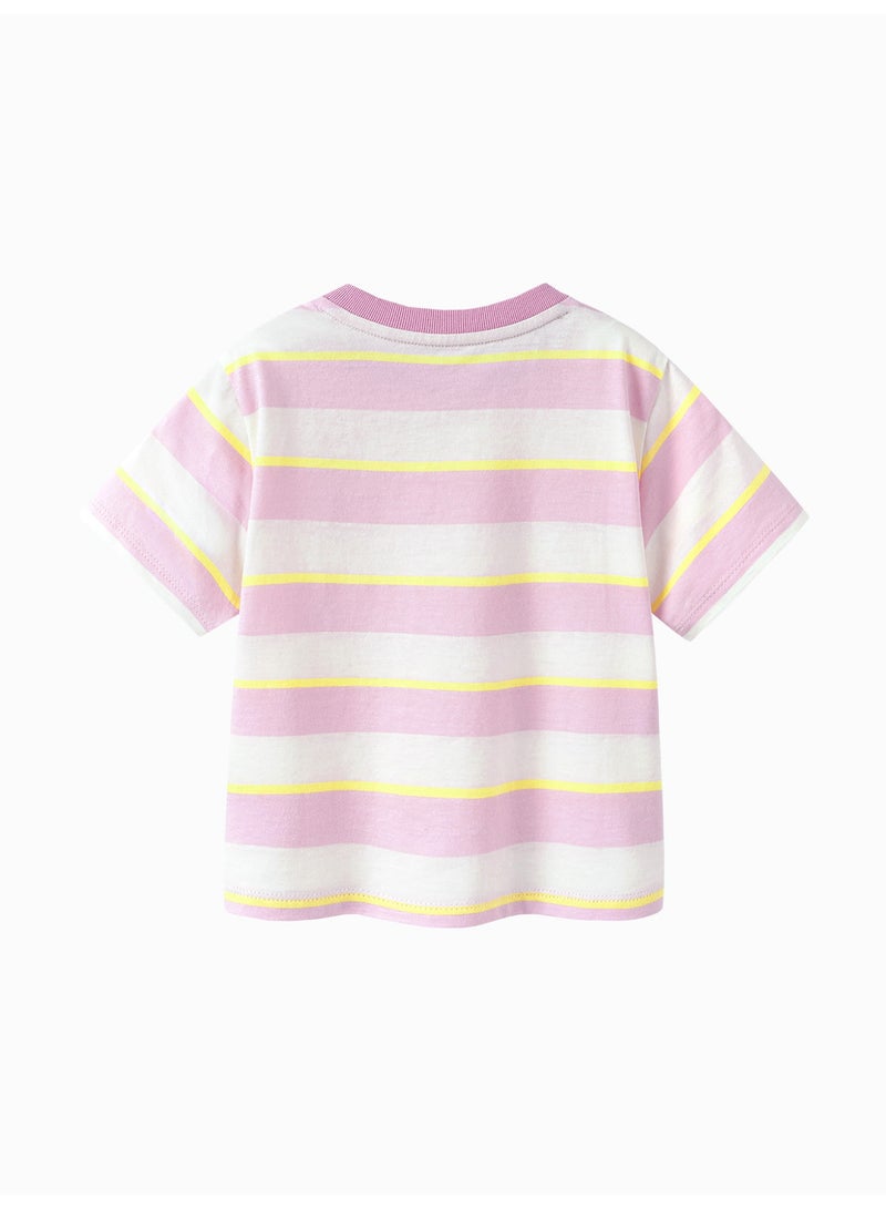 mini bala Unisex Kid Premium Soft Striped Short - Sleeve T - Shirt, Breathable, Comfortable, Charming Fruit Patch Detail, Sweet, Versatile for Daily Wear, Playdates Children's Casual Essential Top - Image 4