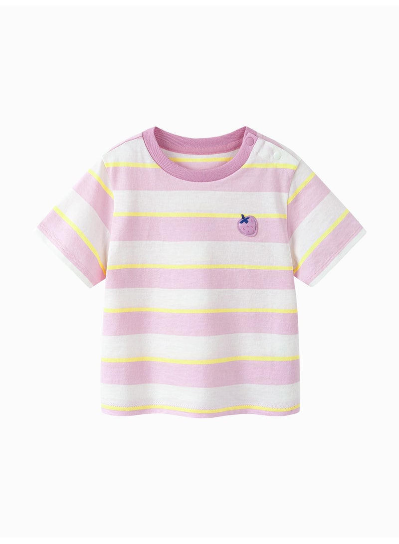 mini bala Unisex Kid Premium Soft Striped Short - Sleeve T - Shirt, Breathable, Comfortable, Charming Fruit Patch Detail, Sweet, Versatile for Daily Wear, Playdates Children's Casual Essential Top - Image 3