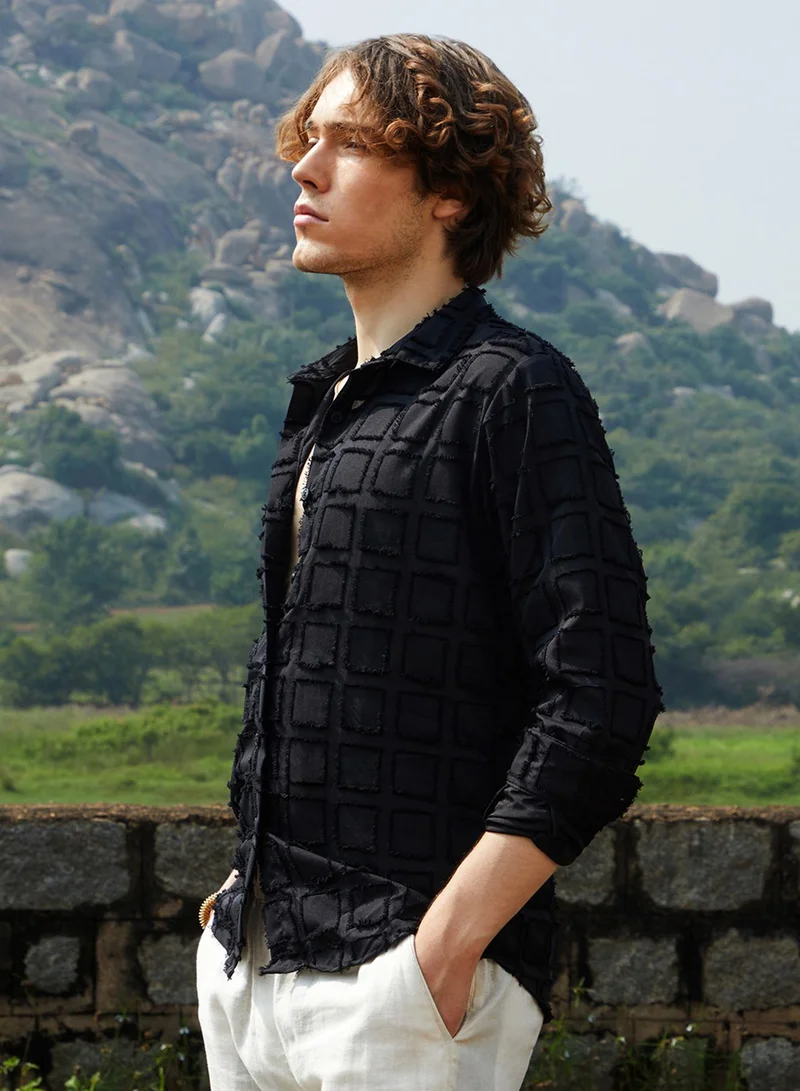 Campus Sutra Men's Onyx Black Cubic-Tassel Shirt
