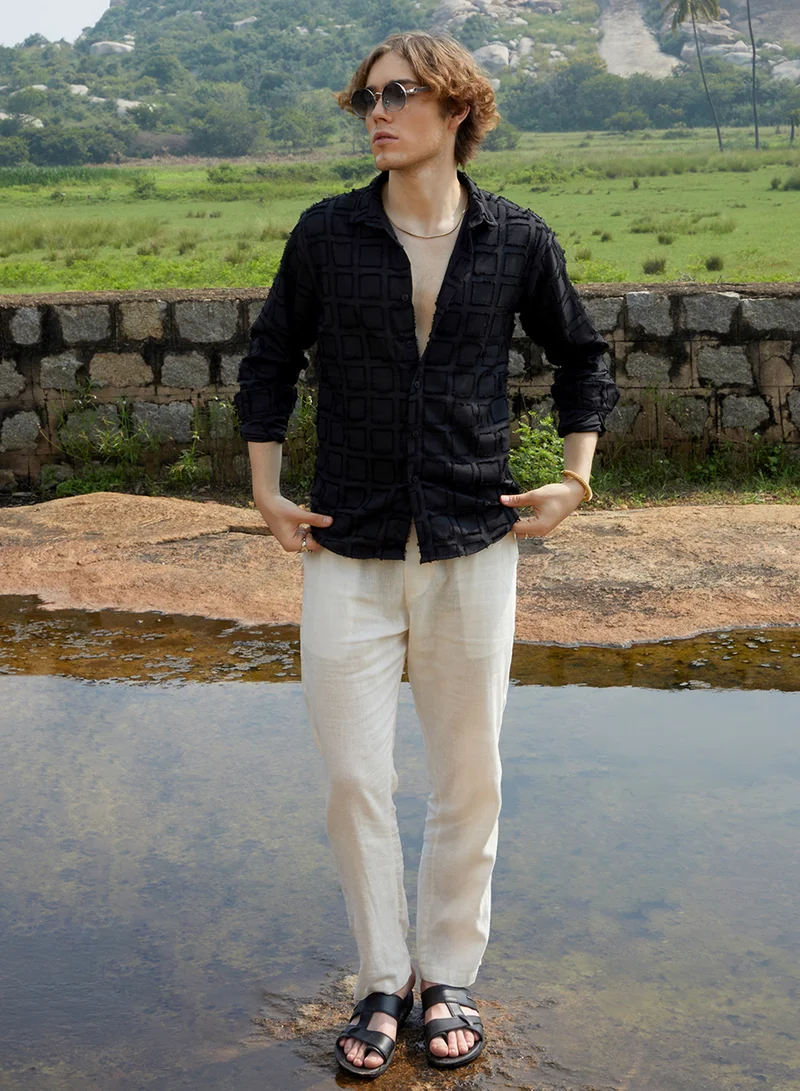Campus Sutra Men's Onyx Black Cubic-Tassel Shirt