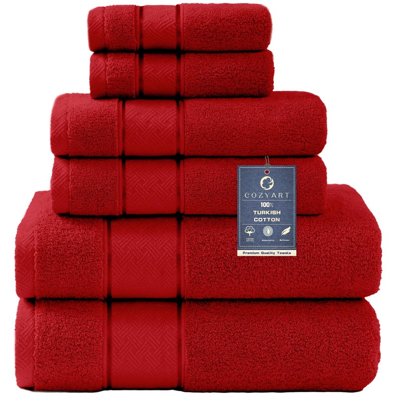 مجموعة مناشف الحمام الحمراء COZYART 6 قطع فاخرة 100% قطن تركي 650GSM جودة فندقية مناشف ناعمة ماصة لمجموعة الحمام 2 منشفة حمام 2 منشفة يد 2 قطعة قماش غسيل