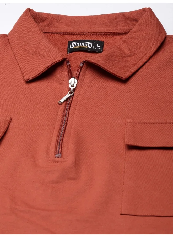 Maniac Maniac Men Solid Oversized Polo Neck 2 Pocket Full Sleeve Rust Cotton T-Shirt