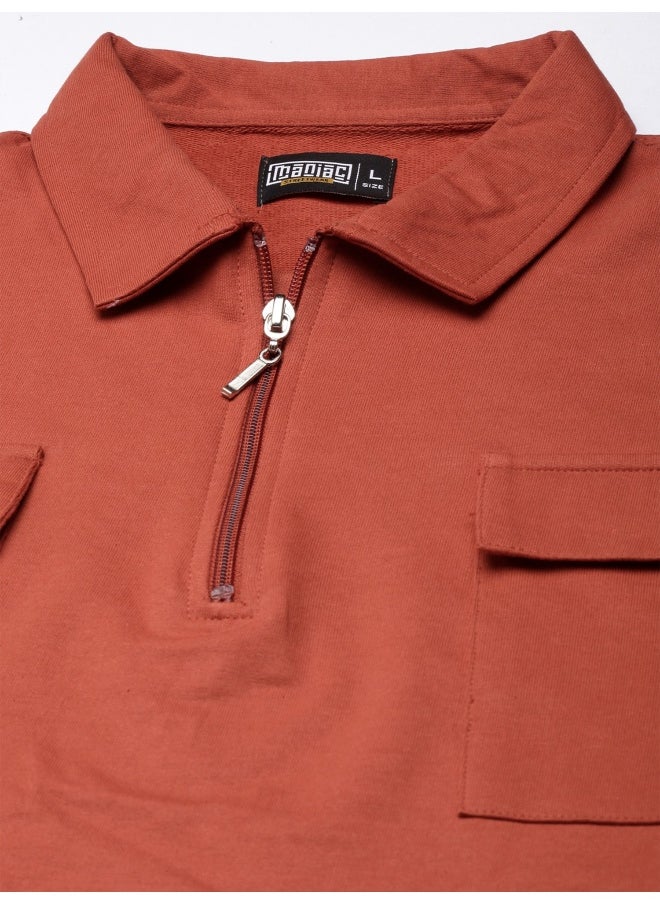 Maniac Maniac Men Solid Oversized Polo Neck 2 Pocket Full Sleeve Rust Cotton T-Shirt  - Image 5
