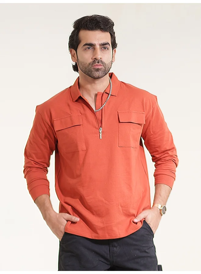 Maniac Maniac Men Solid Oversized Polo Neck 2 Pocket Full Sleeve Rust Cotton T-Shirt