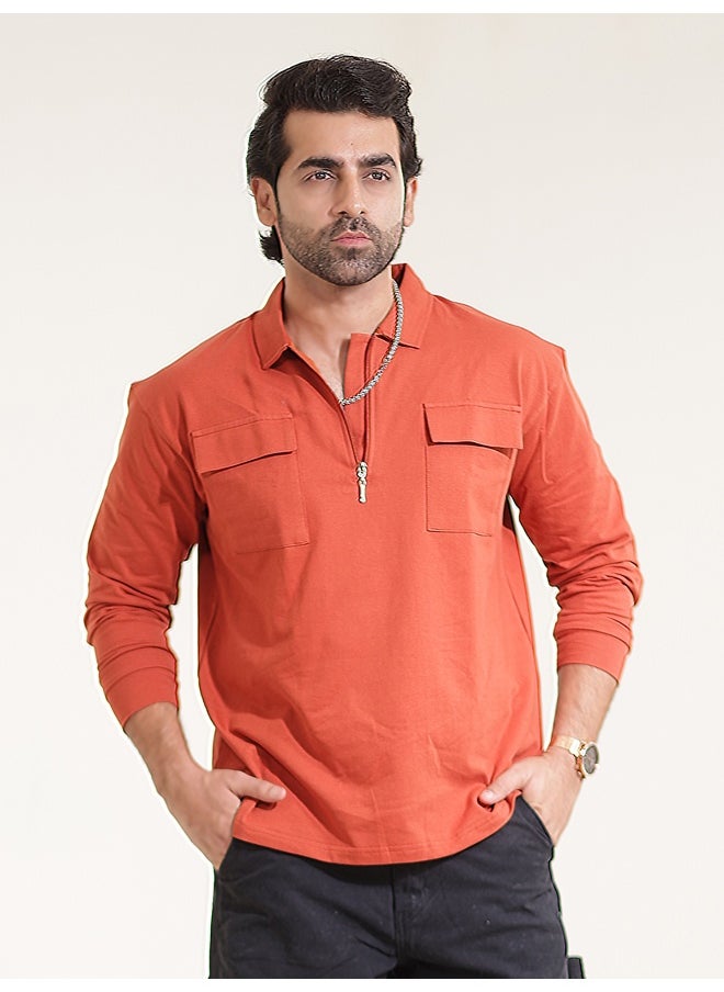 Maniac Maniac Men Solid Oversized Polo Neck 2 Pocket Full Sleeve Rust Cotton T-Shirt  - Image 4