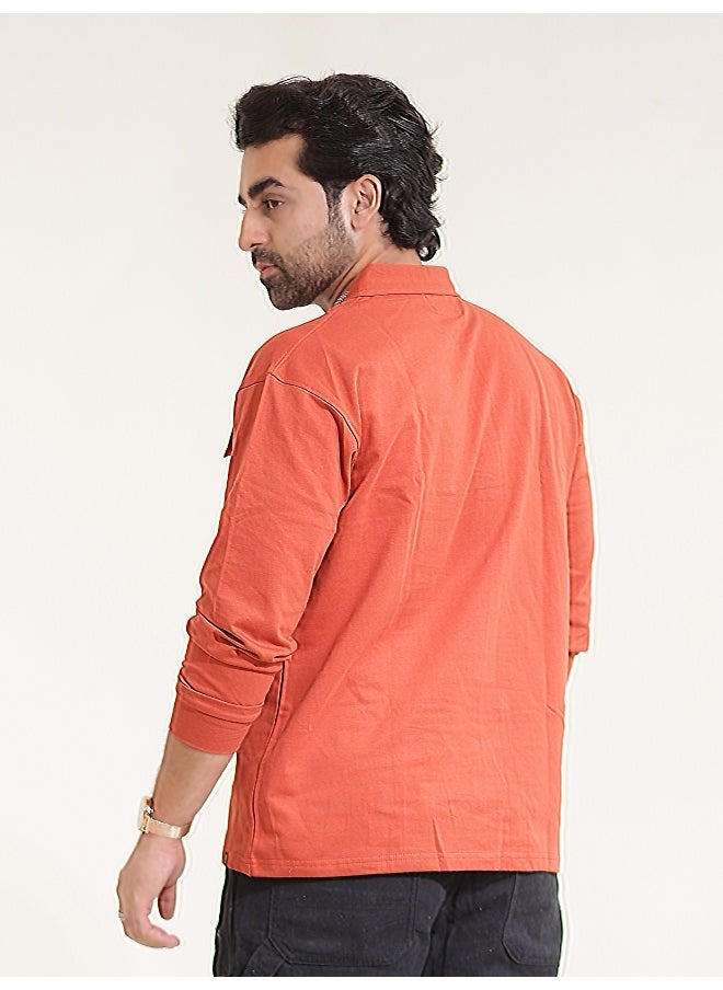 Maniac Maniac Men Solid Oversized Polo Neck 2 Pocket Full Sleeve Rust Cotton T-Shirt  - Image 3