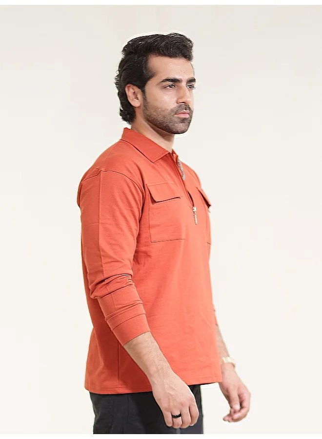 Maniac Maniac Men Solid Oversized Polo Neck 2 Pocket Full Sleeve Rust Cotton T-Shirt