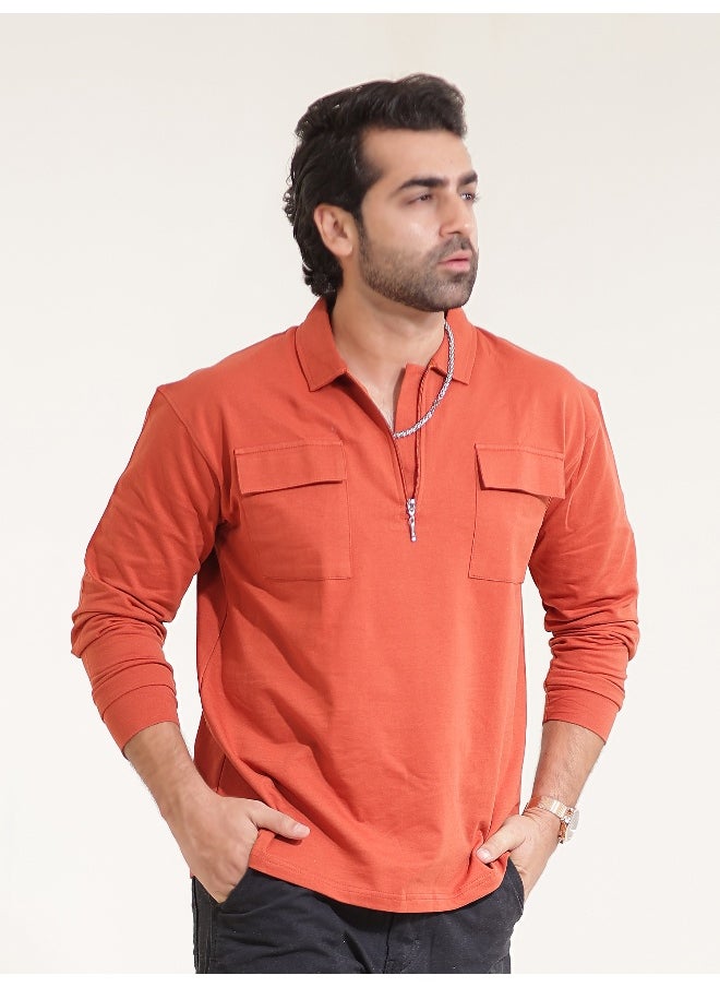 Maniac Maniac Men Solid Oversized Polo Neck 2 Pocket Full Sleeve Rust Cotton T-Shirt  - Image 1