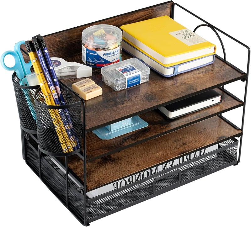 ZNMYDMT 4 Tier Desk Organizers and Accessories, Paper Letter Tray Organizer,Vintage Wood Desk File Organizer with Drawer and 2 Pen Holders for School Home Office Supplies - Image 1