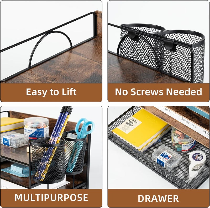 ZNMYDMT 4 Tier Desk Organizers and Accessories, Paper Letter Tray Organizer,Vintage Wood Desk File Organizer with Drawer and 2 Pen Holders for School Home Office Supplies - Image 3