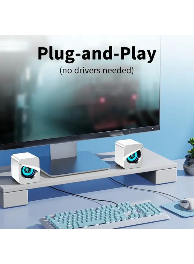 مكبر صوت كمبيوتر ستيريو أبيض يعمل بالطاقة عبر منفذ USB مع تحكم في مستوى الصوت وقابس صوت مساعد للكمبيوتر المحمول والكمبيوتر الشخصي - Image 4
