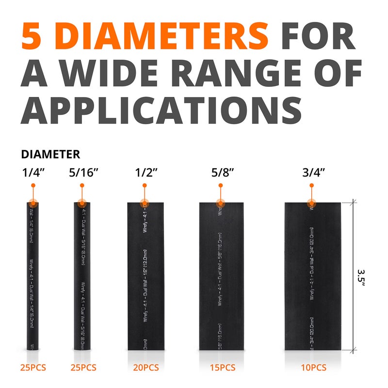 Wirefy Heat Shrink Tubing Kit 95 PCS - 4:1 Ratio Adhesive Lined, Wire Shrink Wrap Tubing - Industrial Heat-Shrink Tubing - Black - Shrink Wrap Tubing | Trusted UL Certification - Image 2