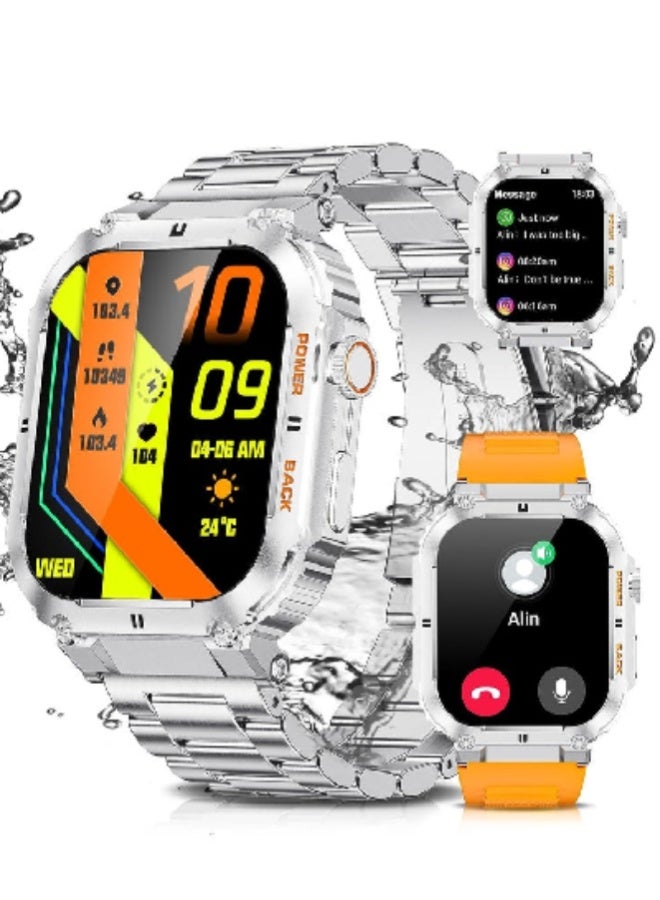 Smart Watch for Men with Bluetooth Calls, 1.96 HD Touchscreen, 100 Sports Modes, 400mAh Battery, Heart Rate, SpO2  Wellness Monitoring, 5ATM Waterproof Fitness Smartwatch for Android  iOS , Stainless Steel Strap Silver - Image 1