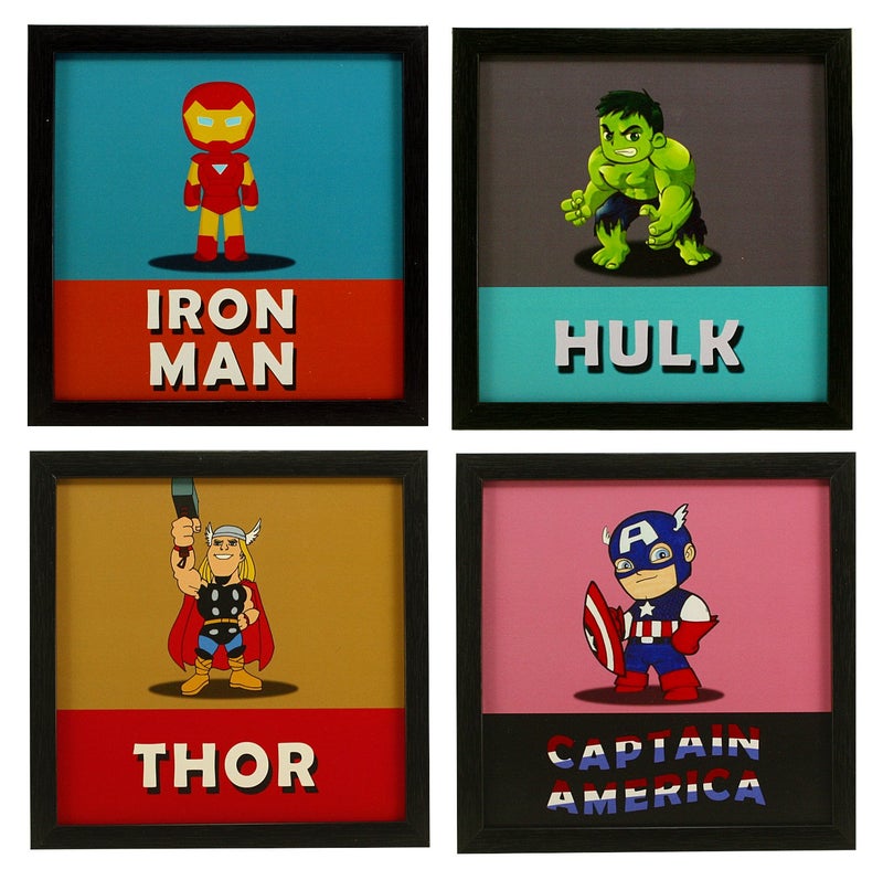 Indianara 4 Piece Set of Framed Wall Hanging Kids Room Decor Iron Man Hulk Thor Captain America Art Prints 8.7 INCH X 8.7 INCH Without Glass(multicolor898) - Image 1