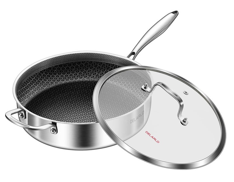 DELARLO Frying Pan12 inch TriPly Stainless Steel Skillet6 Quart Saute Pan with lid Compatible with All CooktopsOven Up to 660Chicken FryerDishwasherFriendly
