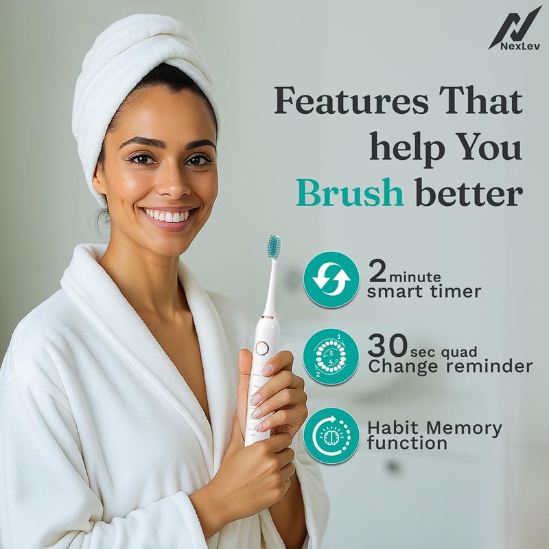 nexlev Electric Toothbrush|40000 vibrations/minute| USB Type C| 6 Modes| 2 Min timer| 30 sec Quad Interval| 4 Replaceable Brush Heads With Cover| IPX7 Waterproof| For Adults|Sparkle Pro ETC-07 White - Image 3