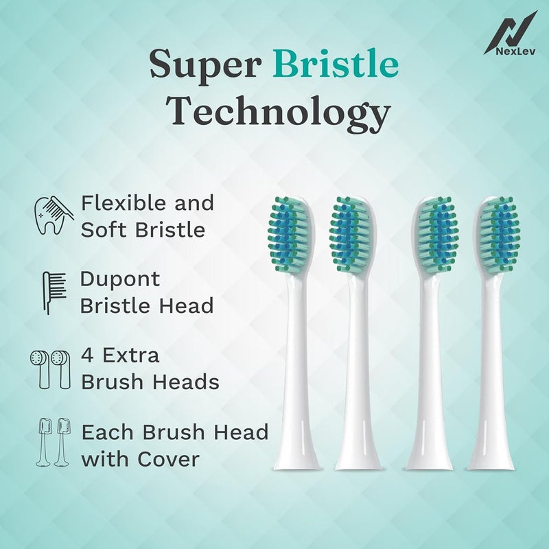 nexlev Electric Toothbrush|40000 vibrations/minute| USB Type C| 6 Modes| 2 Min timer| 30 sec Quad Interval| 4 Replaceable Brush Heads With Cover| IPX7 Waterproof| For Adults|Sparkle Pro ETC-07 White - Image 5