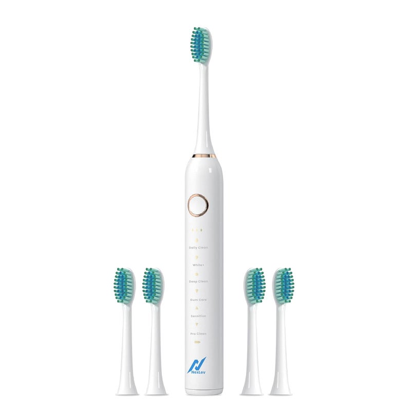nexlev Electric Toothbrush|40000 vibrations/minute| USB Type C| 6 Modes| 2 Min timer| 30 sec Quad Interval| 4 Replaceable Brush Heads With Cover| IPX7 Waterproof| For Adults|Sparkle Pro ETC-07 White - Image 1