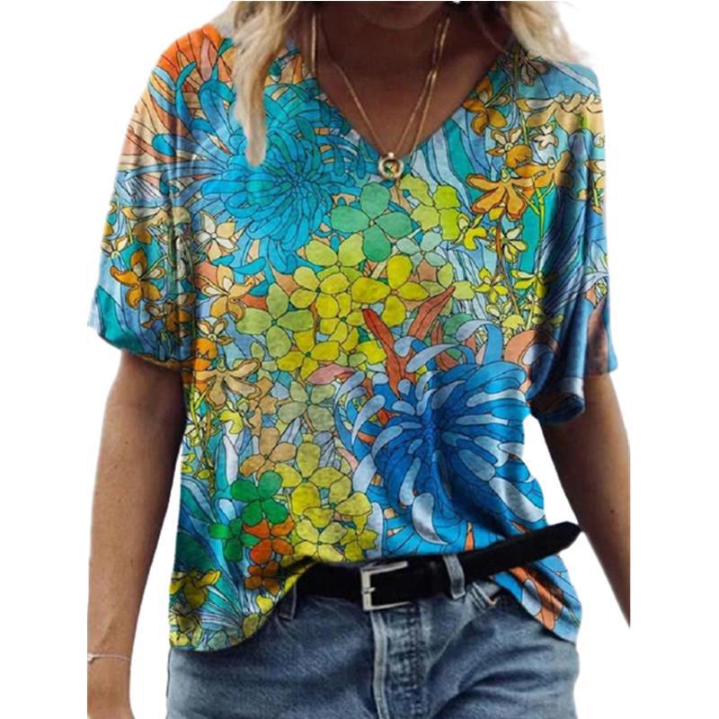 Spot 2021 Spring and Summer V-neck Loose Large Flower Printed Urban Casual Short-sleeved Pullover T-shirt - Image 1