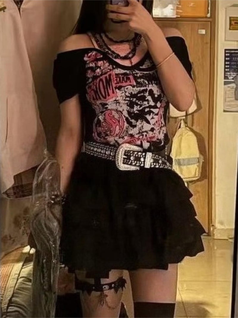 RICHTRUE Cutecore Harajuku Y2k Baby Tee Cute Kawaii Emo Grunge Shirt Women Vintage Graphic Tees Short Sleeve Alt Tops 2000s (Black Pink,Small) - Image 3