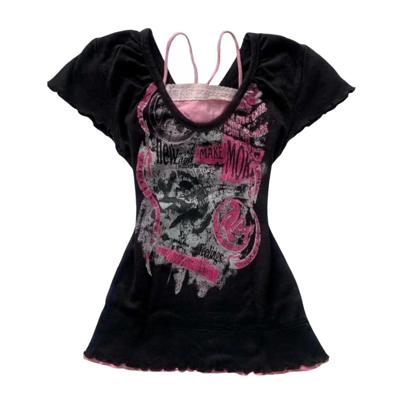 RICHTRUE Cutecore Harajuku Y2k Baby Tee Cute Kawaii Emo Grunge Shirt Women Vintage Graphic Tees Short Sleeve Alt Tops 2000s (Black Pink,Small) - Image 1