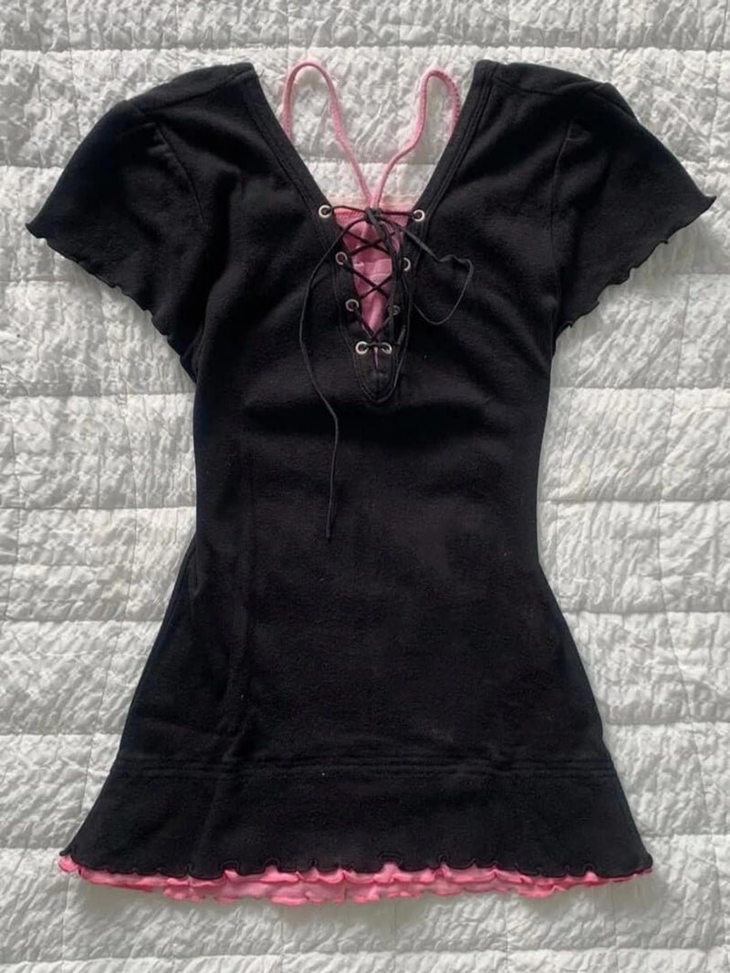 RICHTRUE Cutecore Harajuku Y2k Baby Tee Cute Kawaii Emo Grunge Shirt Women Vintage Graphic Tees Short Sleeve Alt Tops 2000s (Black Pink,Small) - Image 5