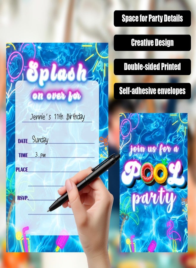 Putocopic Summer Pool Party Invitations, Pool Birthday Party Invitations for Boys, Girls, 4x6 Inches, with Envelopes - Image 4