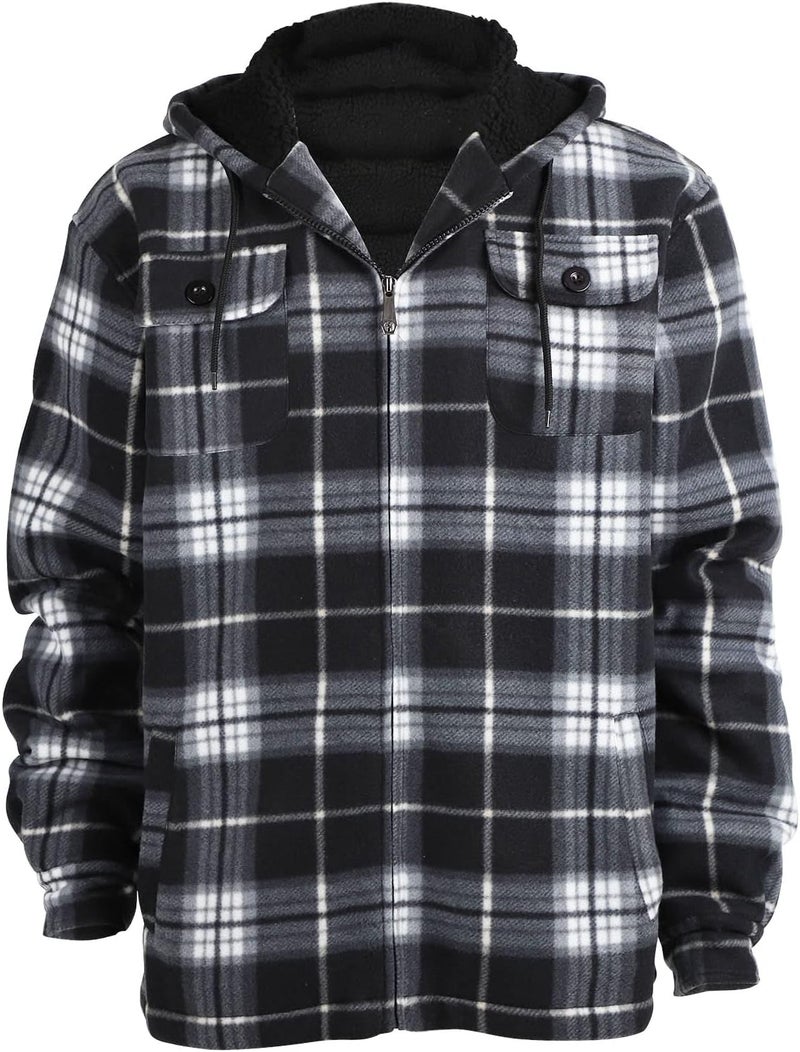Facitisu Men's Winter Heavy Warm Sherpa Lined Fleece Plaid Flannel Jacket - Black 01, XXL - Image 2