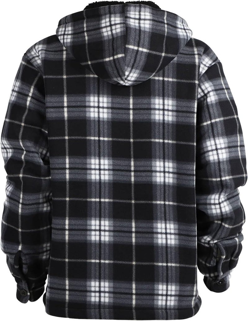 Facitisu Men's Winter Heavy Warm Sherpa Lined Fleece Plaid Flannel Jacket - Black 01, XXL - Image 3