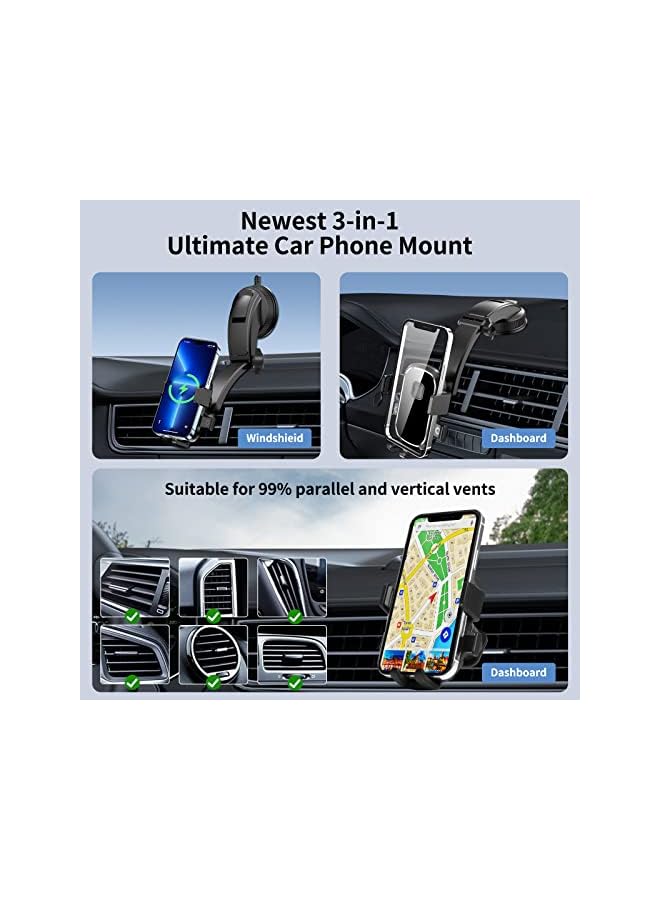 PROMASS Phone Mount for Car, 4-in-1 Suction Cup Phone Holder Universal 360°Rotatable Car Phone Holder for Dashboard Air Vent Windshield Compatible with iPhone Series/Samsung and All Phones - Black  - Image 2