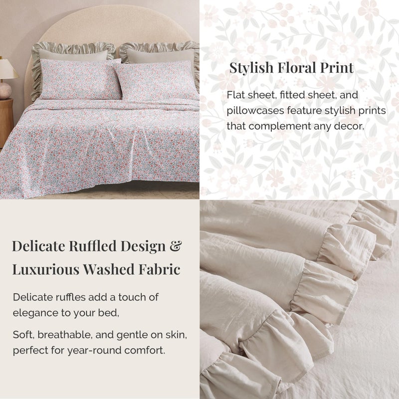 BLOOMHAVEN Full Comforter Set - 7 Pieces Ruffle Beige Bedding Sets, Shabby Chic Farmhouse Bed in a Bag Full with Ruffle Comforter, Floral Sheets, Pillowcases & Shams - Image 4
