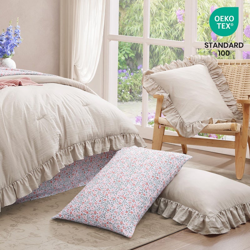 BLOOMHAVEN Full Comforter Set - 7 Pieces Ruffle Beige Bedding Sets, Shabby Chic Farmhouse Bed in a Bag Full with Ruffle Comforter, Floral Sheets, Pillowcases & Shams - Image 5