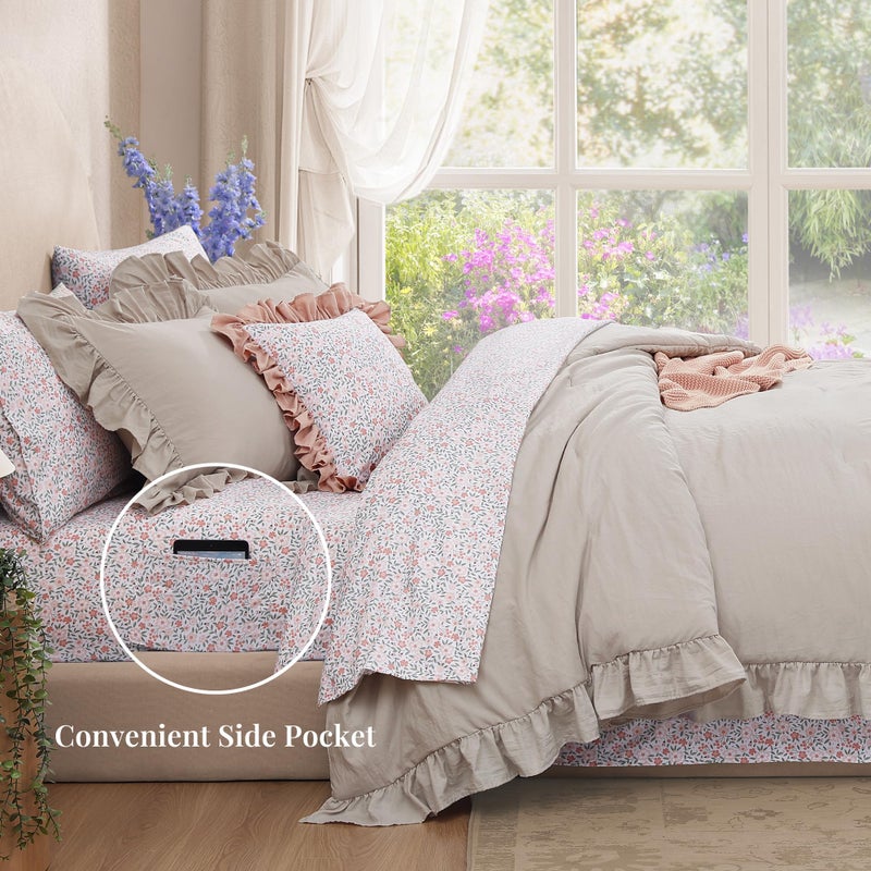 BLOOMHAVEN Full Comforter Set - 7 Pieces Ruffle Beige Bedding Sets, Shabby Chic Farmhouse Bed in a Bag Full with Ruffle Comforter, Floral Sheets, Pillowcases & Shams - Image 3